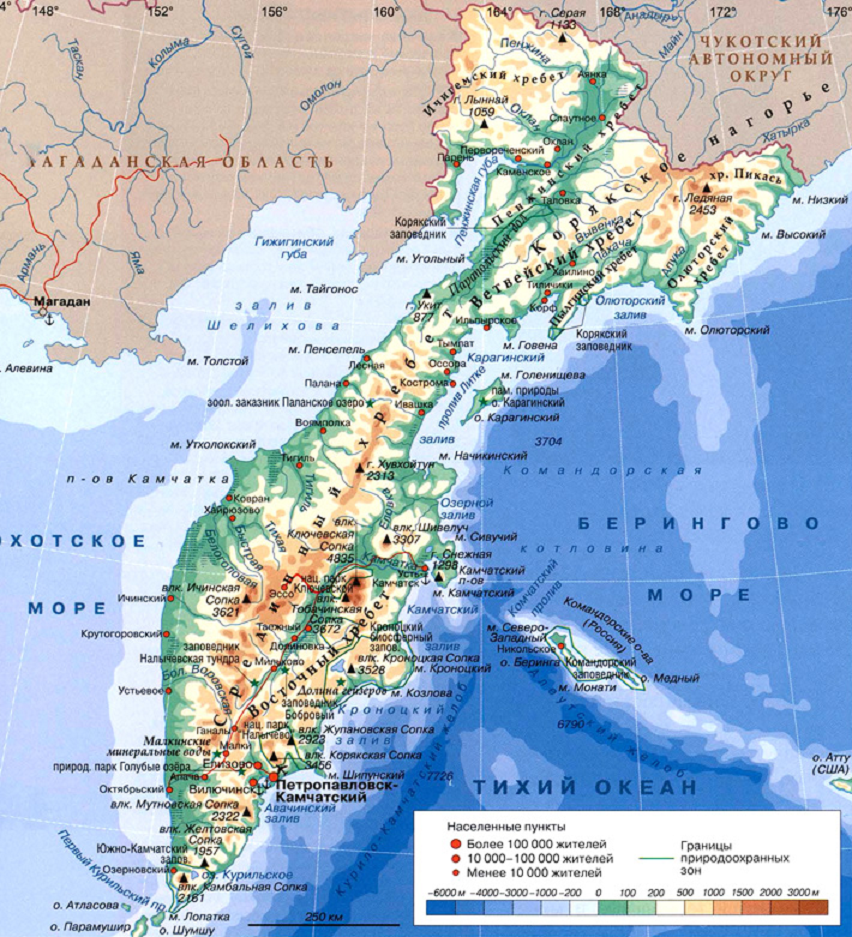 Физическая карта камчатки подробная